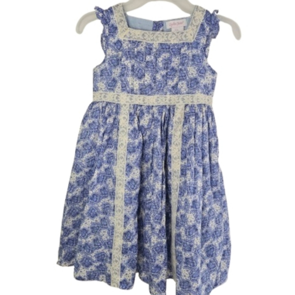 Lydia Jane Girls Paisley Blue/White Lace Trimmed French Country Dress Size 6
